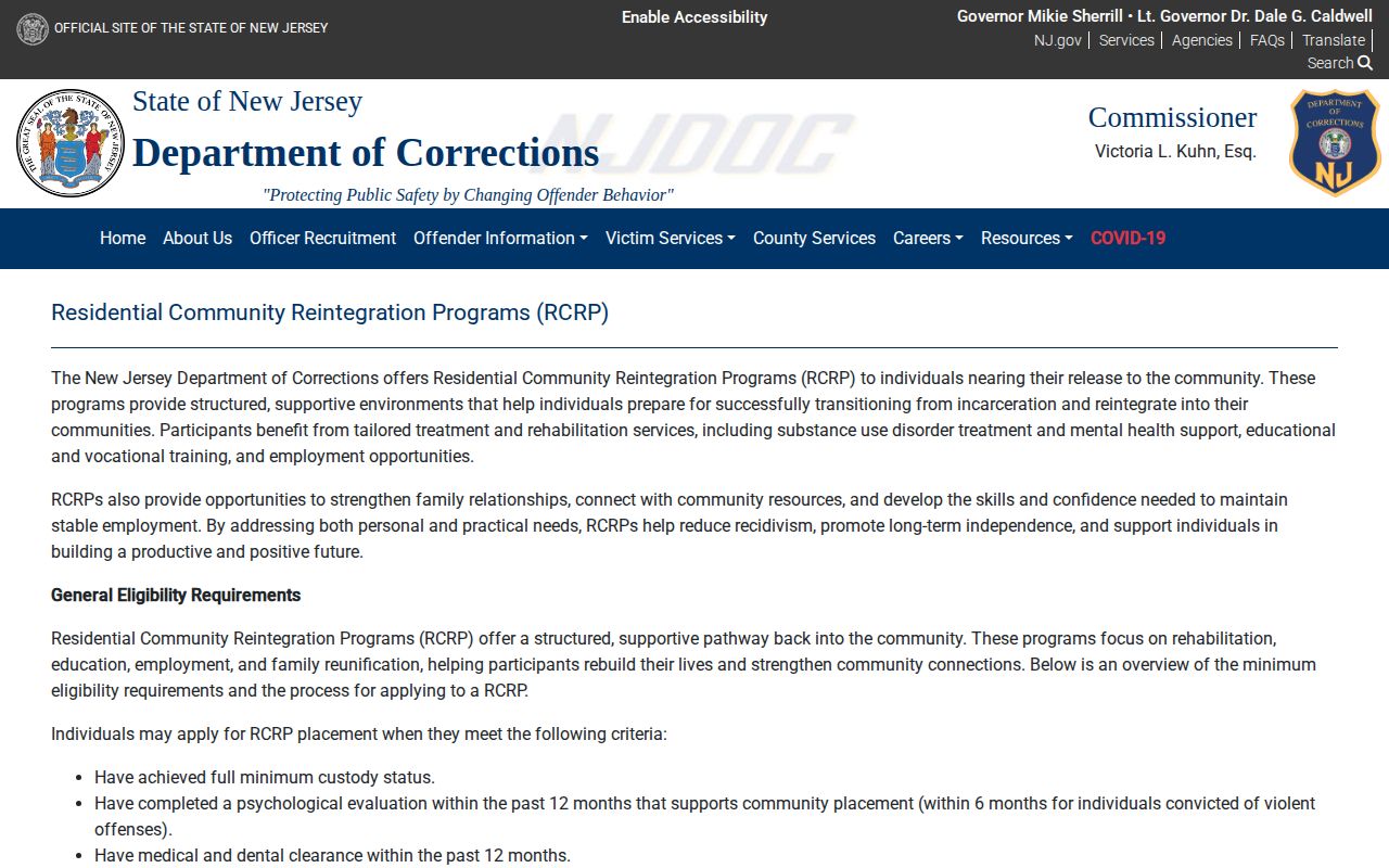NJDOC RCRP directory showing Fletcher House release placement in Camden County