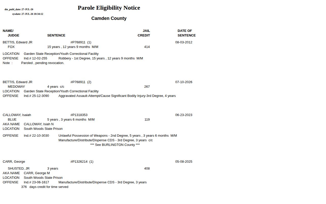 Camden County parole eligibility notice for post-release supervision research