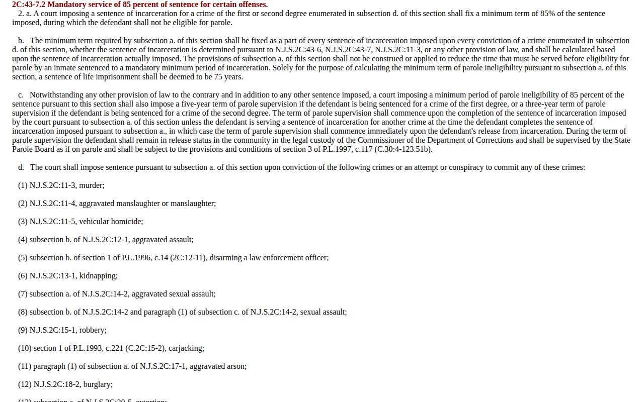 New Jersey NERA statute used in Camden County projected release date calculations