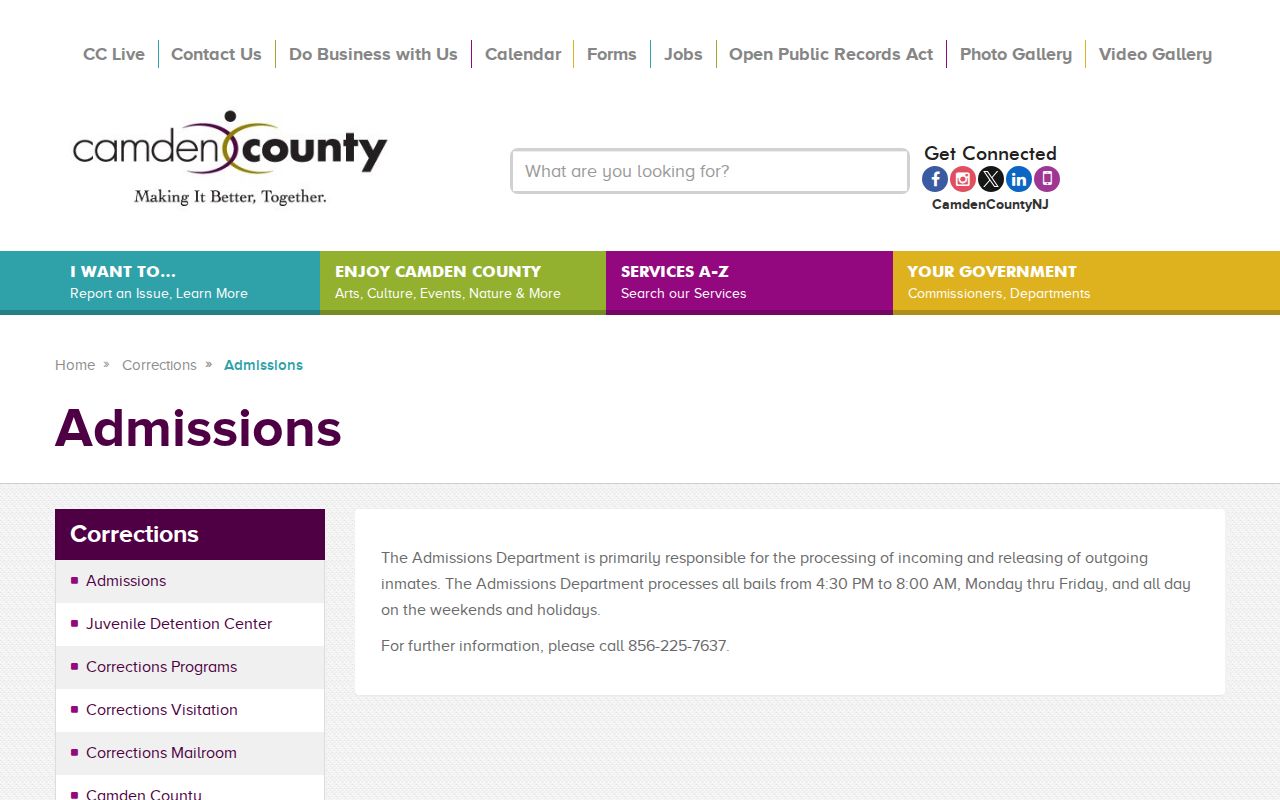 Camden County Correctional Facility Admissions and release processing information