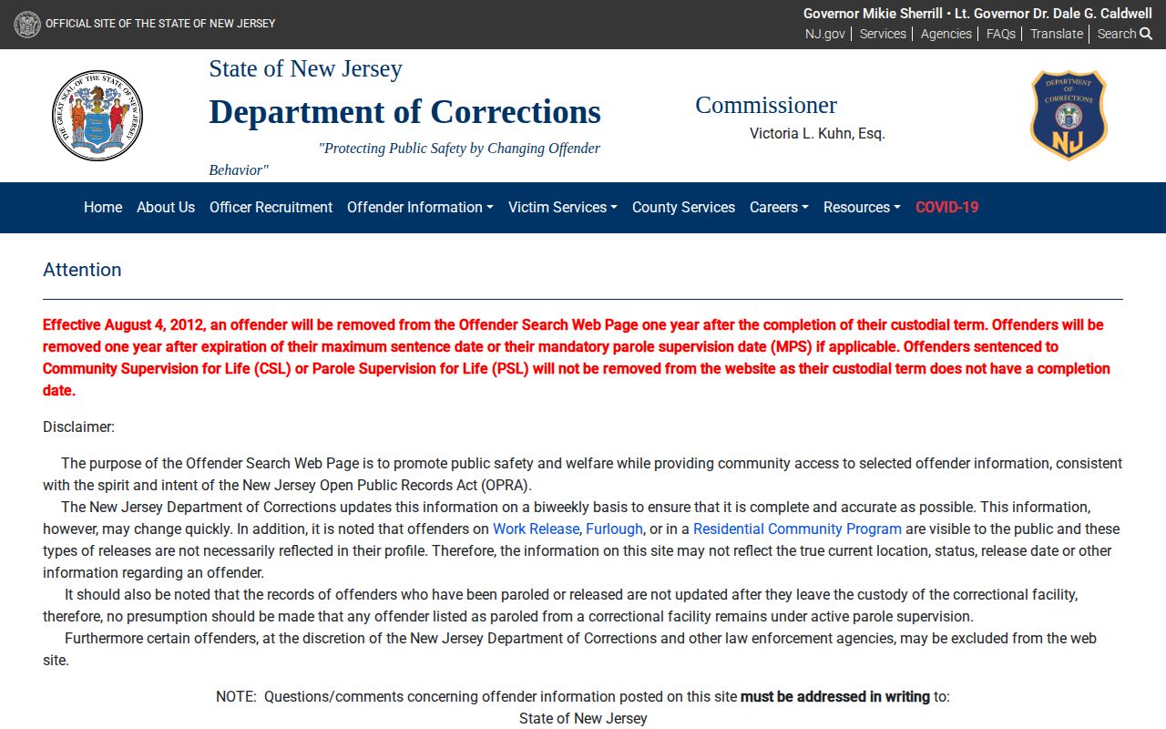 NJDOC offender search form for Camden County released inmates
